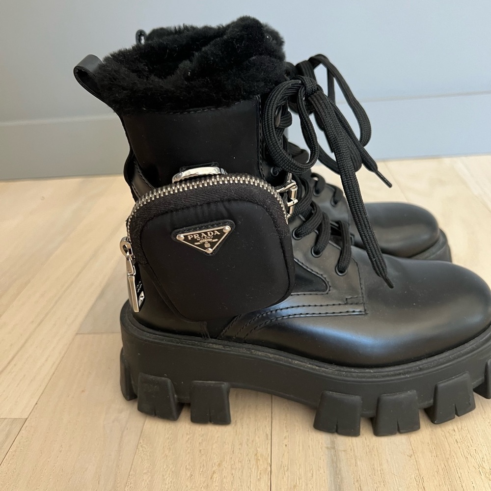 PRADA monolith leather and nylon biker boots with shearling lining black size 35